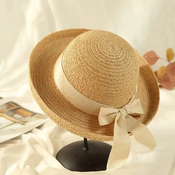 2019 Vara femei Arcul lui Pălărie Margine Largă Floppy Sun Hat Largă partea Dome Beach Femei Pălărie Rafie Proteja de Călătorie Casual Capace