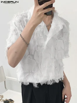 2022 Barbati Tricou de Culoare Solidă Ciucure Transparent Rever Maneca Scurta Casual Barbati Haine Streetwear coreean Sexy Tricouri S-5XL INCERUN