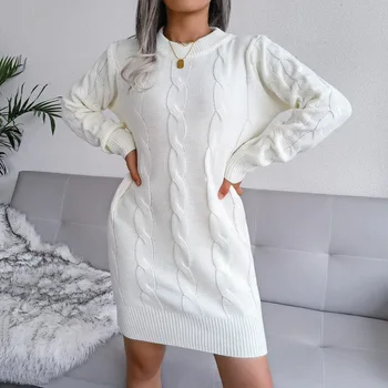 2022 Noi Femei Toamna Iarna Twist Wrap Hip Rochie Pulover Pentru Femei O Gatului Maneca Lunga Culoare Solidă Rochie Tricot
