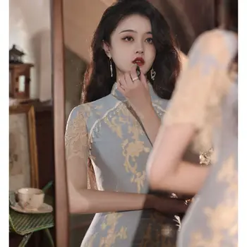 2022 Retro Cheongsam Chineză Clasic Femei Qipao Elegant cu Maneci Scurte Rochie de Epocă Îmbinare Dantela Broderie Rochie de zi cu Zi