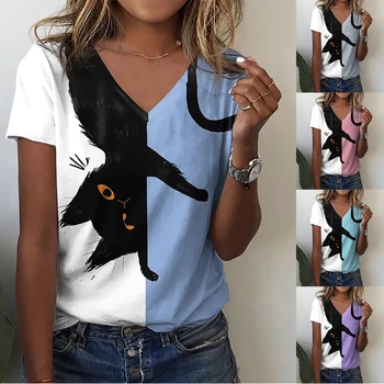 2022 Vara Elegante Femei Drăguț Pisică 3D Imprimate Tricouri Casual V Gât de sex Feminin la Modă Pulover Supradimensionat Topuri Nou Design