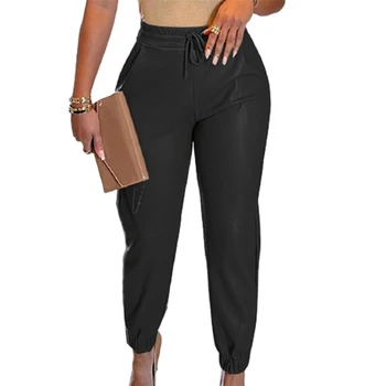 2023 Primavara Toamna Culoare Solidă Cordon Femei din piele Eco-Pantaloni cu Buzunar din Piele PU de Moda Casual Jambiere Pantaloni de Piele