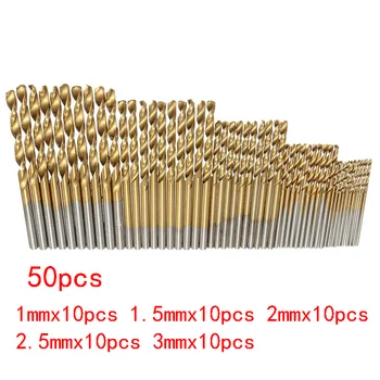 50pcs de titan acoperite cu burghiu set HSS 1/1.5/2/2.5/3mm pentru metal, lemn, plastic.