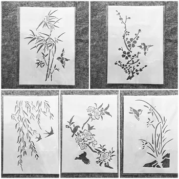 5Pcs/Set A4 29cm Pasăre Iarba de Bambus Prune DIY Stratificare Sabloane Pictura Album de Colorat Relief Album Decorative Șablon