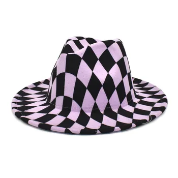 Alb-negru carouri Fedora Pălărie Margine Largă Simțit Pălărie Panama Fedoras Femei Barbati Cowboy Trilby Derby Hat Capace de Bumbac Pălărie Jazz