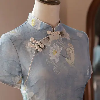 Albastru Blândețe Cheongsam Floral Maneca Scurta pentru Femei Rochie de Epocă Elegant Chineză Tradițională Qipao S La 3XL