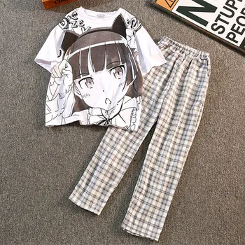 Anime Tricouri+Pantaloni Carouri De 2 Seturi De Piese Femeile Harajuku Adolescenti, Fete Casual Treninguri 2021 Vara Studenți Japonezi Seturi De Potrivire