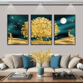 Aur Artă Cerb Copac Bani Perete Imagine Islamic de Arta de Perete Nici un Cadru Abstract Luna Panza de Imprimare Poster Încă de viață