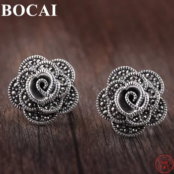 BOCAI S925 Argint Cercei Handmade, Moda Elegant Thai Argint Bijuterii Mici de Flori de Trandafir Argentum Știfturi Pentru Femei