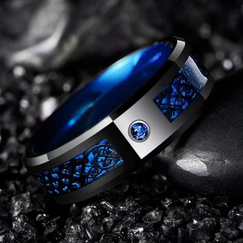 Bărbați 8mm Negru Tungsten Celtic Dragon Inel Încrustat Zircon albastru Punk din Oțel Inoxidabil Albastru Fibră de Carbon ring Pentru Bărbați Partid Bijuterii