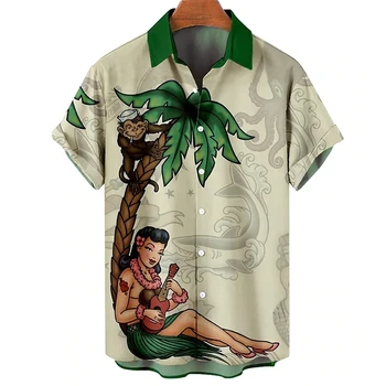 Bărbați Vintage Hawaiian Hula Camasa Tropical Supradimensionate Maneci Scurte 3d Print Button Up Shirt Tricou de Vara