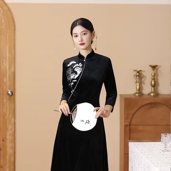 Chineză Tradițională Velur Qipao Rochie Toamna Iarna Femei Catifea Midi Cheongsam Mâneci 3/4 Doamna Petrecere De Seara Rochie Plus Dimensiune