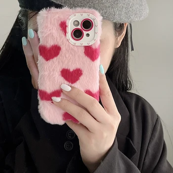 Coreea de Dragoste Inima Roz Blana de Pluș Telefon Caz Pentru iPhone 14 13 12 11 Pro Max Plus Minunat Drăguț Pufos Moale Capacul Cald Iarna Shell