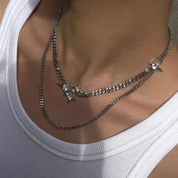 Cristale strălucitoare Stea de Titan din Oțel Lanțuri Ciucure Stratificat Cravată Coliere pentru Femei Egirl coreea Punk Y2K Accesorii Bijuterii