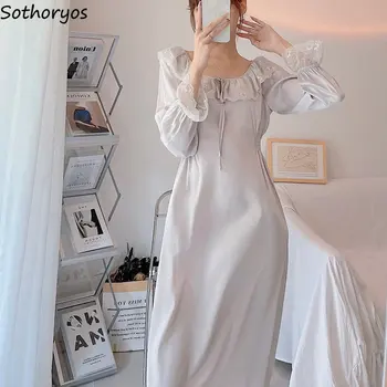 Cămăși de noapte pentru Femei Dulce Largi Harajuku Stil Printesa Vintage Confortabil Solid Casual de Toamna Pijamale Femei Dantelă-up Confortabil îmbrăcăminte de noapte