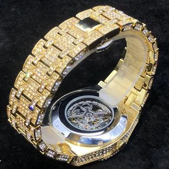 De Lux Regal Gold Ceas Mecanic Barbati Brand De Top Diamant Original, Ceasuri Automate Hip Hop De Gheață Afară Schelet Ceas Dropshipping