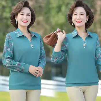 De vârstă mijlocie tricou Femei Top cu Maneci Lungi Tur Jos Guler Mamei Bottom Tricou Haine de Primăvară Bluză Nouă L-5XL