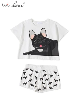 Drăguț Seturi De Pijama Bulldog Francez De Imprimare Vrac Top + Shorts 2 Bucati Set Câine Pijamale Talie Elastic Lounge Îmbrăcăminte De Noapte 12