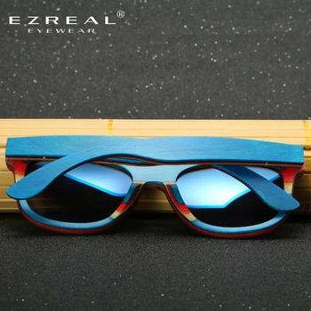 EZREAL Skateboard din Lemn ochelari de Soare Cadru Albastru Cu Strat Oglindă Bambus ochelari de Soare UV 400 Protecție Lentile în Cutie de Lemn