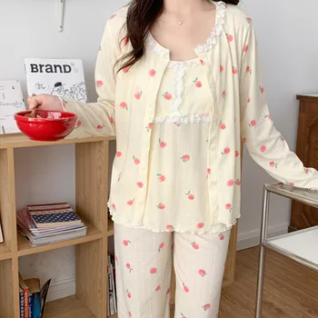 Fdfklak 3Pcs Pj Seturi Pentru Femei de Moda cu Maneci Lungi Set de Pijamale Acasă Purta Haine Moi Pantaloni Florale Imprimate Homewear