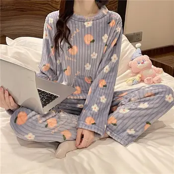 Femei Iarna Flanel Set Pijama Fete Pijamale Homewear Cald Gros De Catifea Costum De Sex Feminin Doamnelor Toamna Tricou Pijama