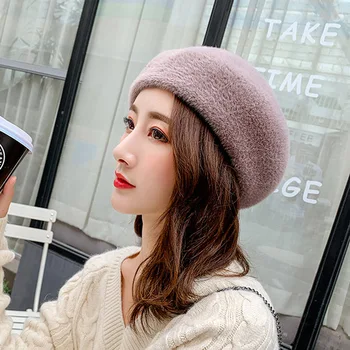 Femeile Bereta Versiunea Coreeană Imitație De Blană De Samur De Păr De Moda Casual, De Pluș Pălării De Culoare Solidă Doamna Pictor Capac Toamnă Iarnă Pălărie Cald