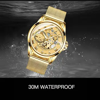 FNGEEN Clasic Barbati Ceas de Aur Schelet Automate Mecanice Ceasuri de mana rezistent la apa Plasă de Trupa de Moda pentru Bărbați Ceasuri Relogio