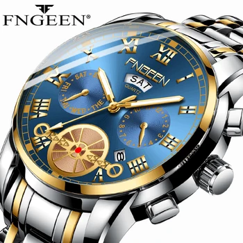 FNGEEN Moda Mens Ceas de Cuarț Albastru Clasic Ceas de mână din Oțel Curea de Lux Calendar de Afaceri Ceas Herren Uhren Cadouri pentru Bărbați