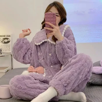 Gros Flanel Cald Set Pijama Femei Coral Fleece 2022 Pijamale Noi Costum Casual Pijamale Acasă Haine De Sex Feminin