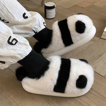 Iarna Femei Drăguț Panda Papuci Cald Apartamente Acasă Papuci De Blană Pufos Desene Animate Închis Tobogane Cu Talpă Groasă Nor Moale De Bumbac, Pantofi