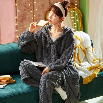 Iarna Flanel Gros Femei Halat Set Seturi de Pijama Fleece Coral Sleepwear 2Piece /Set Pijamale Costum cu Gluga cămașă de noapte Cu Pan