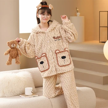 Iarna Pijamale Femei Flanel Îngroșarea Pijama Calde Tendință de Moda de Lux Drăguț Homewear Kawaii Set de Pijama