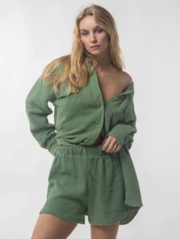 Linad Bumbac pentru Femei îmbrăcăminte de noapte 2 Seturi de Piese Verde cu Maneci Lungi Sleeptwear de sex Feminin Pierde Acasă se Potrivește Cu o Scurtă de Iarnă de 2022 Pijamale