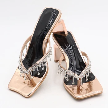 Liyke 2023 Nou Brand Ciudat Tocuri Flip Flops Pentru Femei Papuci De Moda De Cristal Franjuri V-Curea Sandale Pantofi Catâri Glisante