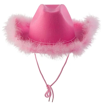 M2EA Roz de Moda Pălărie Cowgirl Pufos Pene Cozoroc Pălărie de Cowboy Western Cowboy Palarie pentru Petrecerea Burlacelor, Carnaval, Cosplay