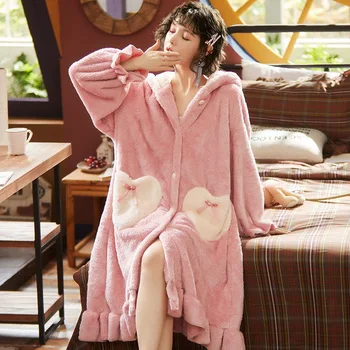 Minunat Cămăși De Noapte Pentru Femei De Iarnă Flanel Gros Set De Pijama Roz Drăguț Urechi De Iepure Buzunar Fete Homewear Sleepshirt Cămașă De Noapte