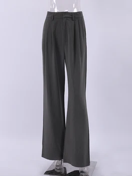 Mnealways18 Gri De Înaltă Talie Pantaloni Cutat Elegant Pentru Femei Pantaloni Largi Picior Doamne De Birou Clasic Munca Podea-Lungime Pantaloni De Iarnă 2022