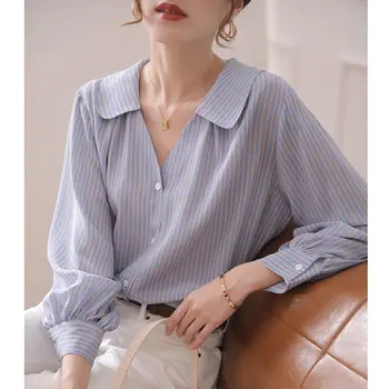 Moda Rever Tipărite Butonul All-meci Tricou cu Dungi pentru Femei Îmbrăcăminte 2022 Toamna anului Nou Liber Topuri Casual Office Lady Bluza