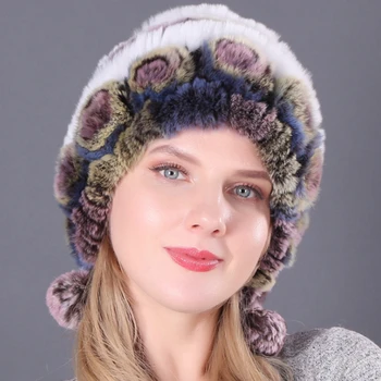 Naturale Blana De Iepure Cu Tricot Pălărie De Iarnă De Sex Feminin Gros Cald Pălării Pentru Femei Colorate Asortate Culori Capace De Blană