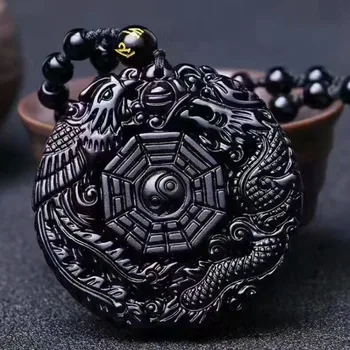 Naturale Obsidian Negru de Piatră Sculptate de Mână Chineză Dragon Phoenix BaGua Norocos Amuleta Pace Mascota Pandantiv Colier pentru Femei Om