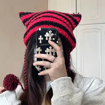 Noi Harajuku Punk Gotice Tricotate Pisică Ureche Pălărie Femei Kawaii Designer De Moda Cross PinWinter Beanie Pălărie De Sex Feminin Accesorii Fete