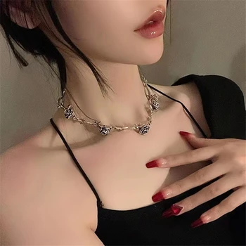 Noua Moda coreeană Goth Argint de Epocă Culoare Floare de Metal Lanț de Gât Colier Pentru Femei Y2K Petrecere de Halloween Accesorii Bijuterii