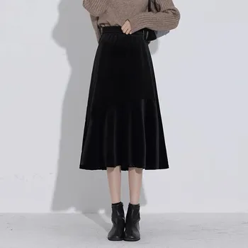 Noua Moda pentru Femei Talie Mare Timp de catifea, Fuste cu Volane-Negru violet Birou OL velur Fusta de Moda Sirena Fuste