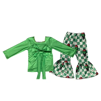 Nouă Copii De Crăciun Îmbrăcăminte De Culoare Solidă Maneca Lunga Arc Partea De Sus Desene Animate Pâine Verde Copac Bell Pantaloni Toddler Girls Seturi
