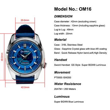 Omnion de Lux pentru Bărbați Ceas Diver Automatic PT5000/SW200 Ceasuri Mecanice Safir de Sticlă 20Bar Impermeabil reloj hombre