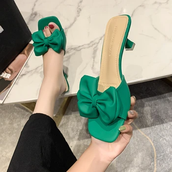 Pantofi Femei Papuci de Fluture Nod Slide-uri de Moda Med toc Pătrat 2022 Lux de Vară Bloc de Fluture nod de Cauciuc Copita Tocuri