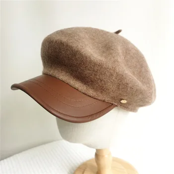 Piele PU Capac de vânzător de ziare Lână, Pălării de Iarnă Baker Băiat Pălării Reglabil pentru Femei Femei Pălării