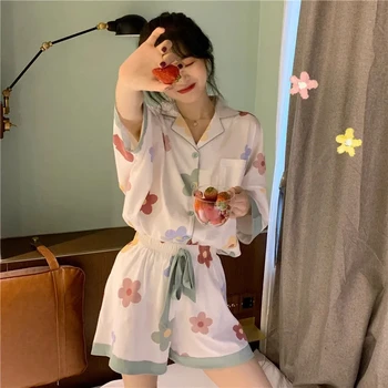 Pijamale Pentru Femei 2 Bucata Set Haine de Vară Nou Stil coreean Dulce Și Subțire cu Mânecă Scurtă, pantaloni Scurți din Satin Set de Pijama Acasă Rochie
