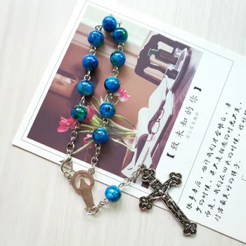 QIGO Catolică Cruce de Bijuterii Albastru Glasss Rozariul Bralcets Pentru Barbati Femei