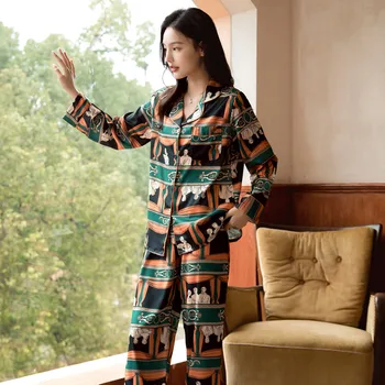 QSROCIO de Înaltă Calitate Femei Pijama Set Medieval de Imprimare de Mătase Ca îmbrăcăminte de noapte Pijamale de Agrement Clasic Haine de Acasă Homewear